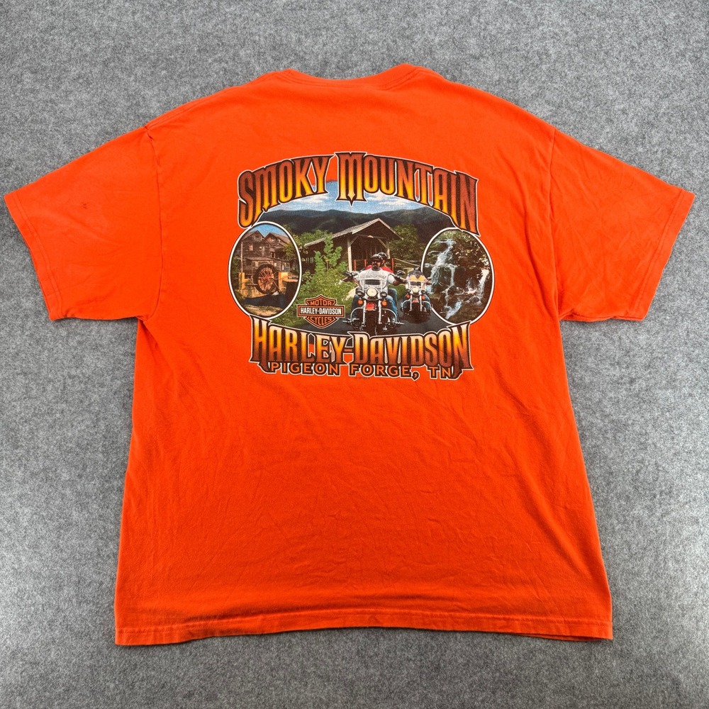 Harley-Davidson T-Shirt Mens XL Smoky Mountain Orange Pocket Tee Hanes EUC